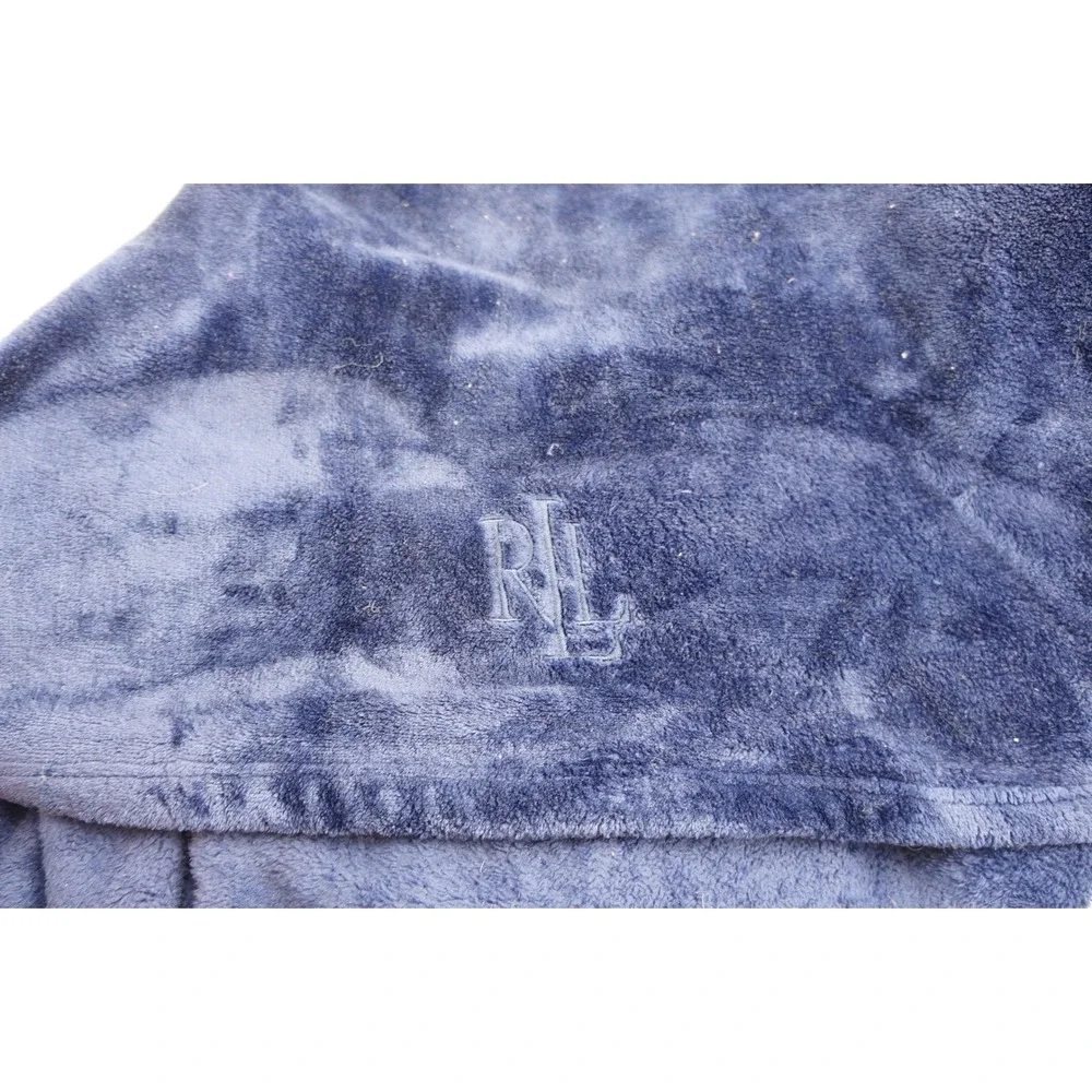 Lauren Ralph Lauren Micromink Throw Blanket Navy Blue Standard/Queen RL Logo EUC